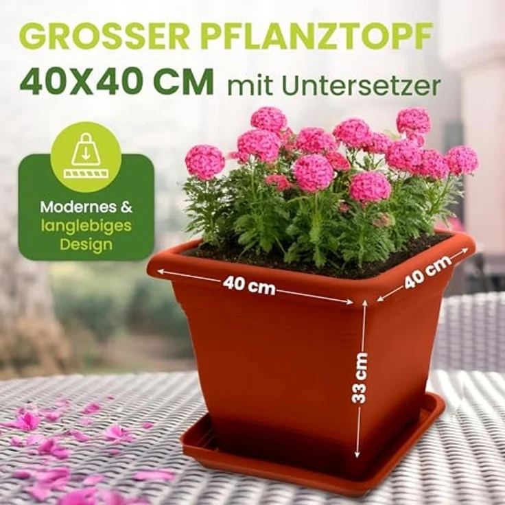 Centi Pflanzkübel Blumentopf Gross, Pflanzentopf Groß Außen Blumentopf mit Untersetzer (Set, 6 St, 40x40 cm aus Kunststoff in Terracotta), Pflanzkübel, Blumenkübel, Made in DE – Bild 3