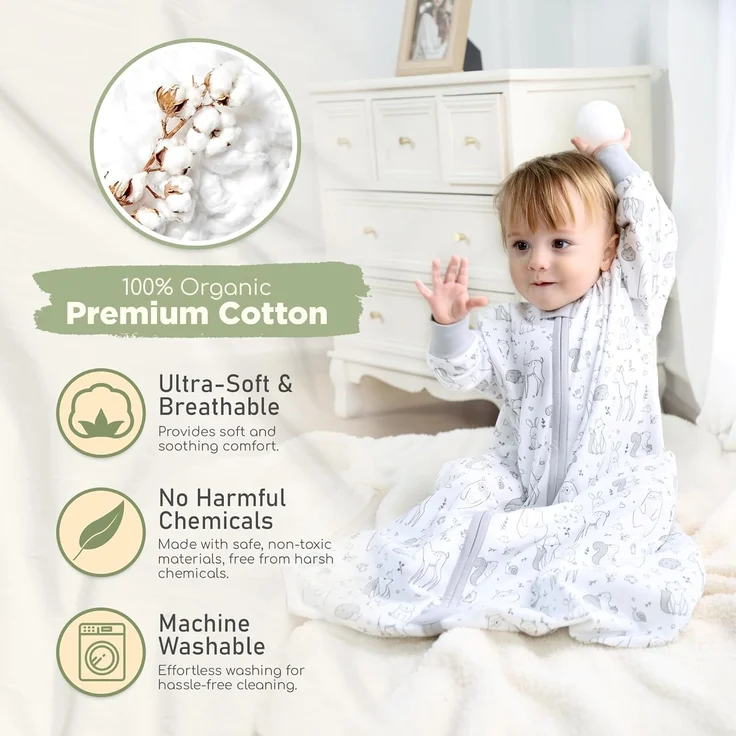 Mama Cheetah Baby Schlafsack mit Ärmeln, 0.5 TOG Bio-Baumwolle Wearable Blanket und Zwei-Wege-Reißverschluss, Swaddle Transition Long Sleeve Sleep Sack für Neugeborene to Kleinkind, 6-12 Monate – Bild 2