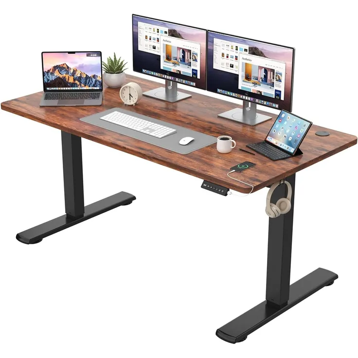 JUMMICO Schreibtisch elektrisch höhenverstellbar mit Memory-Funktion, Braun, 140x60 cm