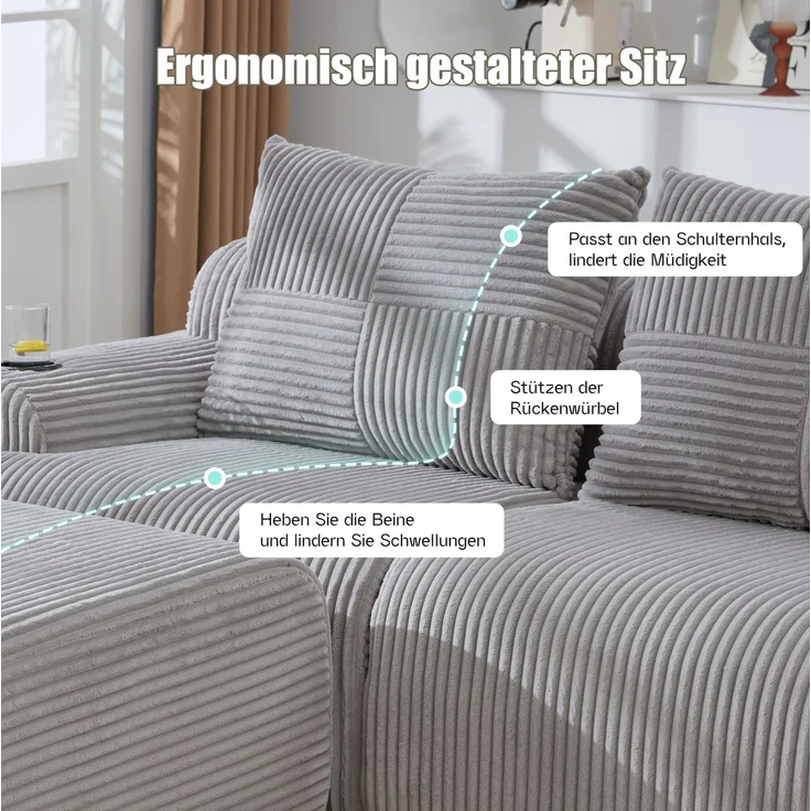 DESVIAE Sofa 3-Sitzer modular mit Getränkehalter und Seitentasche 268x80x174 cm Cord Hellgrau – Bild 5