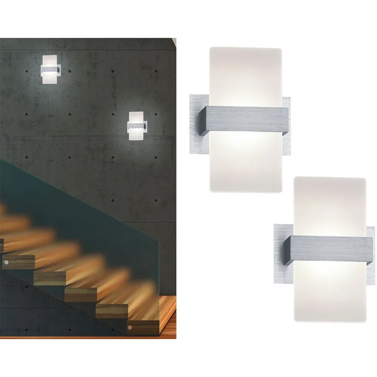 LED Wandleuchte mit Schalter, 2er SET Alu gebürstet mit Acrylglasblende, H: 18cm