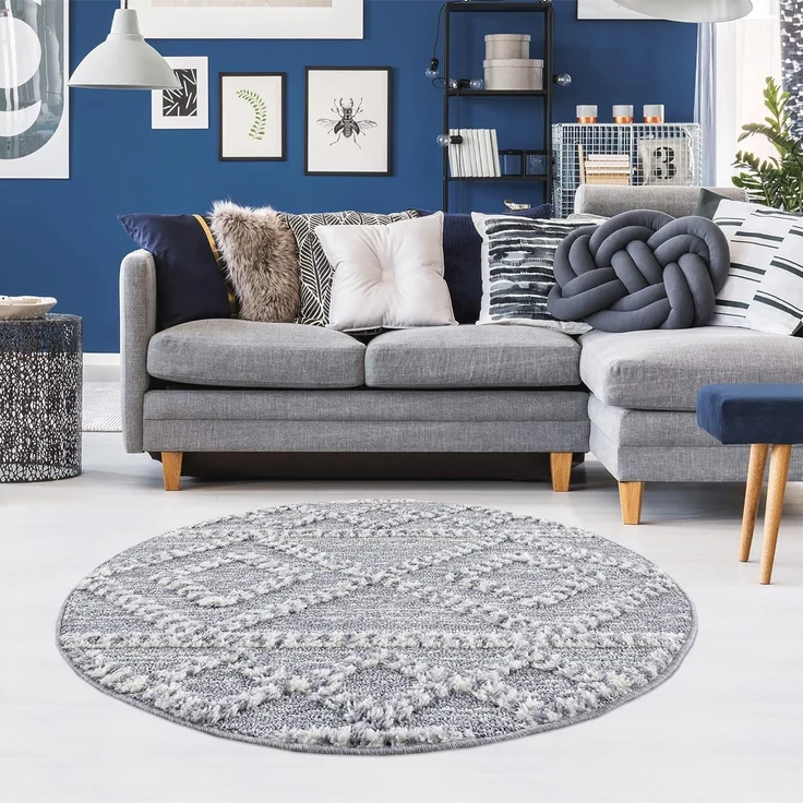 Teppich Rund - Hochflor - Boho - Pastellgrau Creme - 200x200cm - Modern Raute Muster - Skandinavisch Flauschig Weich - Wohnteppich Schlafzimmer Dekoration – Bild 7