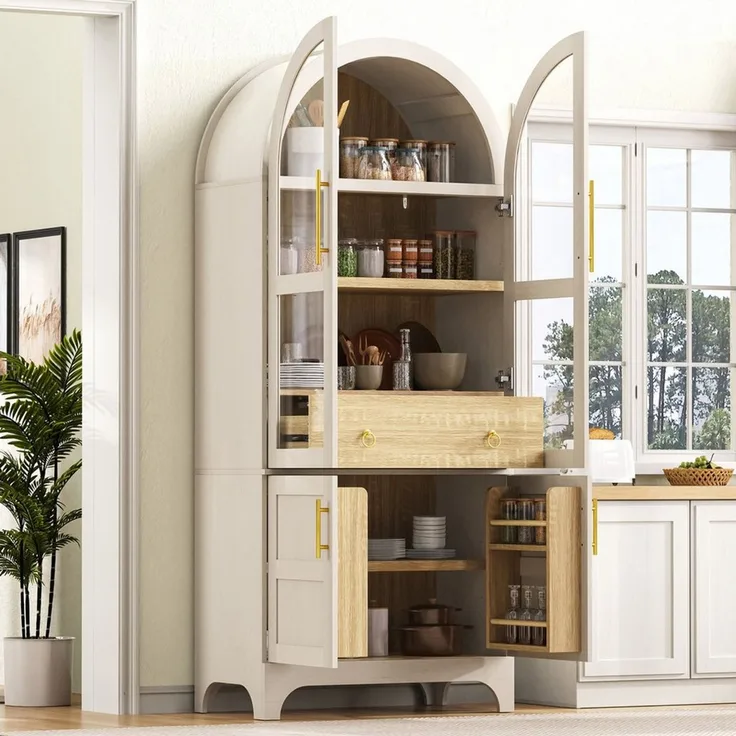 Odikalo Vitrine Hochschrank mit Glastüren verstellbaren Regalböden Schublade (Highboard mit verstellbaren Regalböden und Schublade, Küchenschrank mit Riffelglas und großem Stauraum, Ideal für Esszimmer, Wohnzimmer und Küche Weiß/Schwarz) 76 × 40 × 180 cm