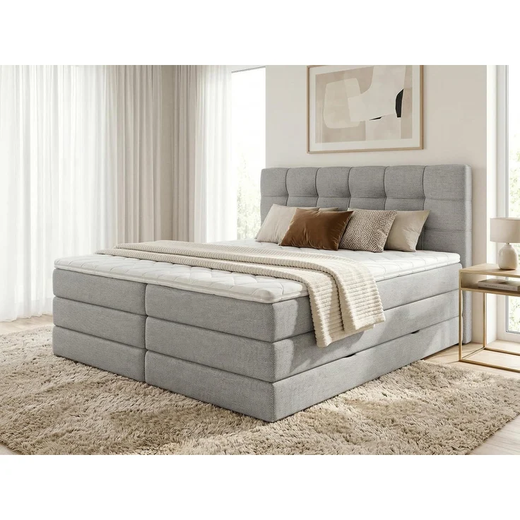 Boxspringbett Best XL mit 2 Bettkästen und Topper, mit Taschenfederkern- und Bonellfederkernmatratze, Doppelbett, Polsterbett aus Webstoff mit Stauraum (Grau (Inari 91), 140 x 200 cm) – Bild 2