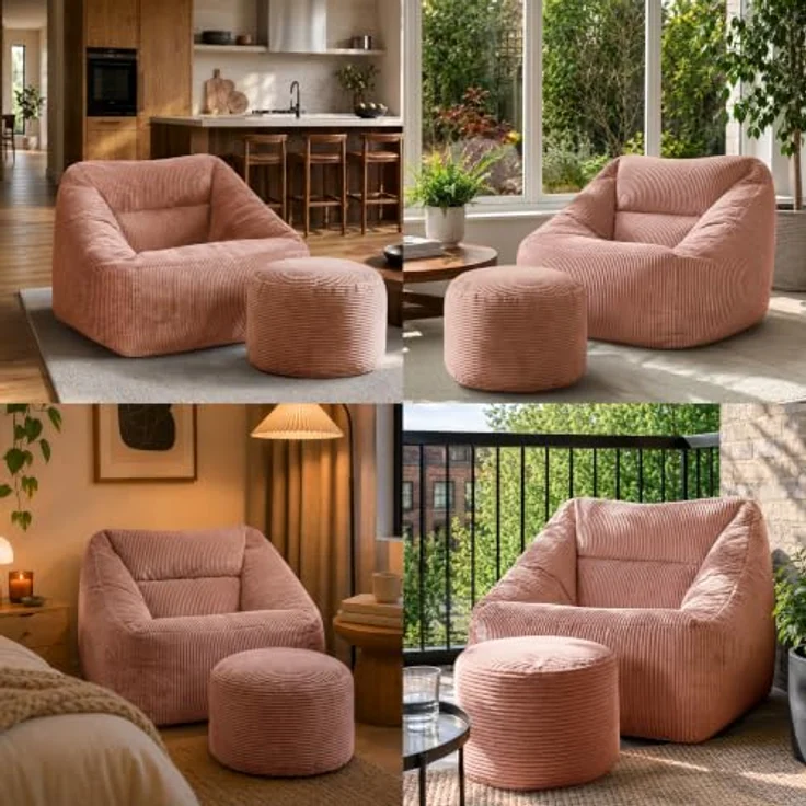 Icon Natalia Sitzsack Sessel mit Hocker für Erwachsene, Rosa, Flauschiger Cord Stoff, Riesen Sitzsack Cord mit Füllung, Bean Bag Chair, Bequemer Sessel Wohnzimmer, Lounge, Schlafzimmer, Büro – Bild 7
