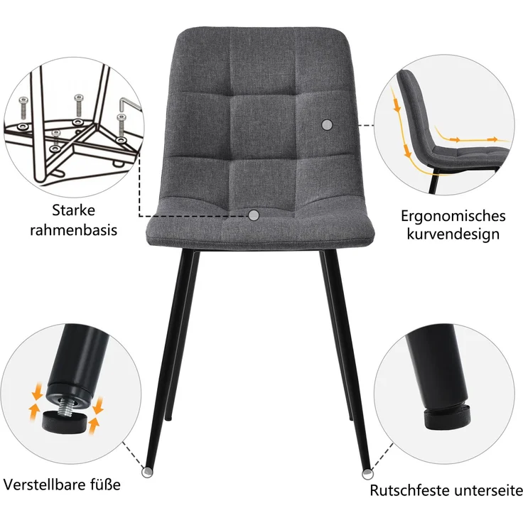 Merax Essgruppe, (Set, 5-tlg, Tisch mit 4 Stühlen), Esstisch und 4 Esszimmerstuhl Set Polsterstühle Küchetisch Marmoroptik, Leinen, Grau – Bild 5