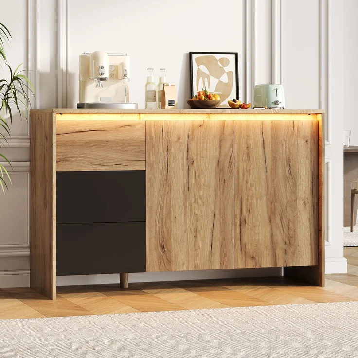 Merax Sideboard, Küchenschrank, Kommode mit 3 Schubladen und 2 Türen, Mehrfarbige LED-Lichteffekte, Buffetschrank für Wohnzimmer, Esszimmer, Holzfarbe&Schwarz – Bild 1