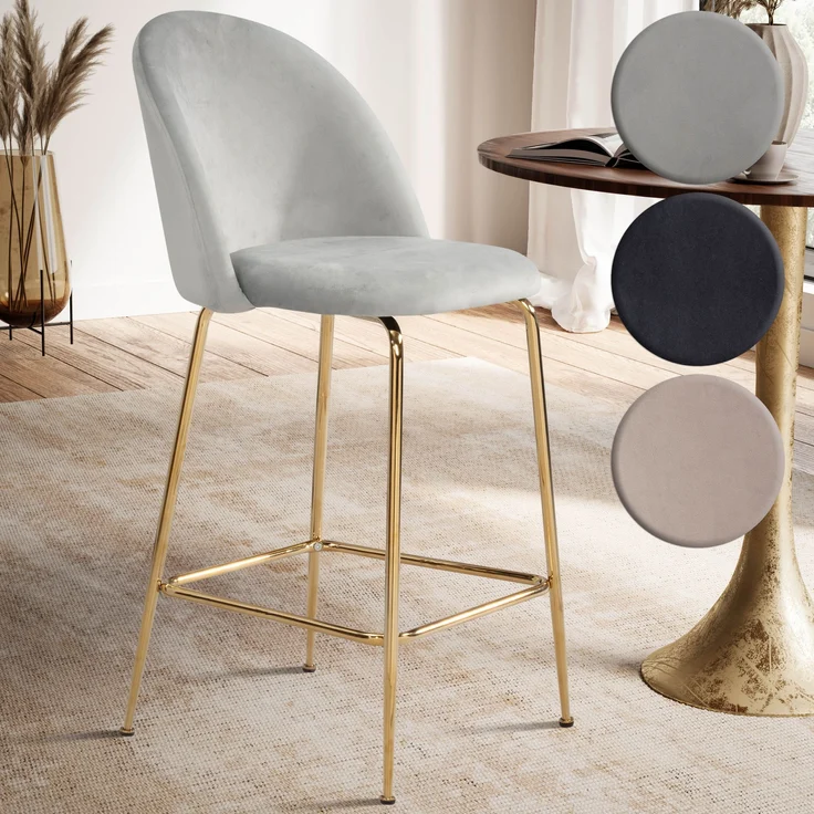 Barhocker 2er Set Samt Schwarz mit Lehne Goldene Beine Skandinavisch 110kg – Bild 8