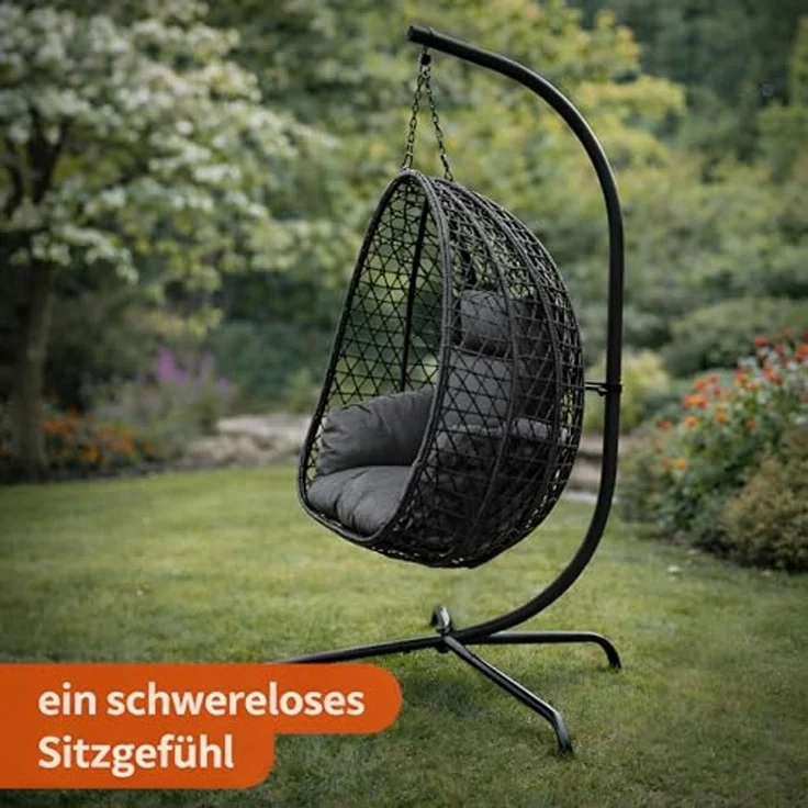 BURI Hängesessel mit Gestell | Robuster Hängestuhl in Anthrazit | Hängeschaukel für Indoor und Outdoor | Balkon Hängekorb Inkl. Kissen | leichter Aufbau – Bild 4