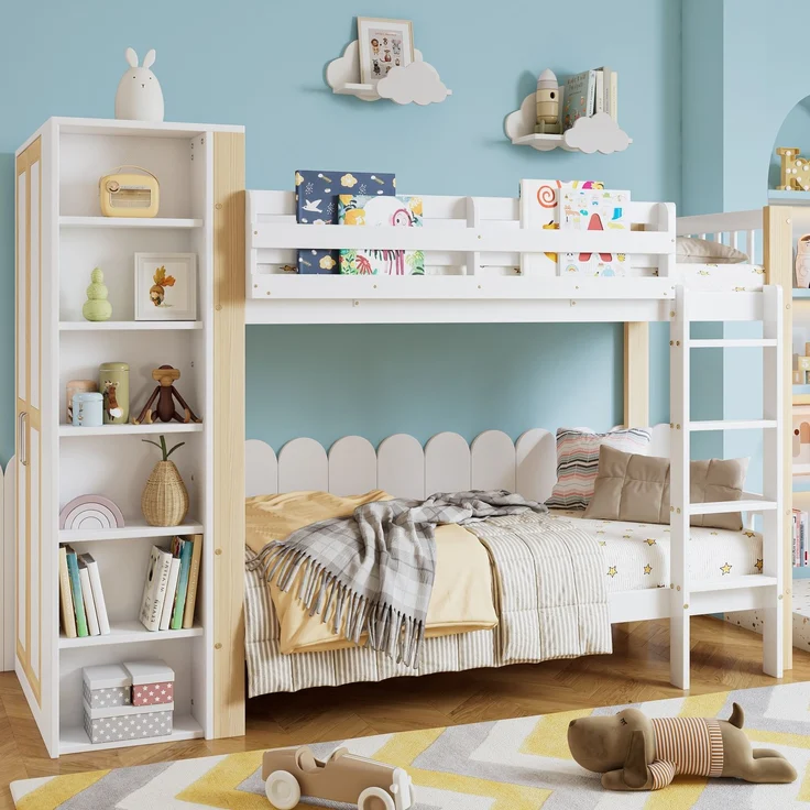 Merax Etagenbett, 90x200cm Kinderbett mit Fallschutz und Gitter, mit 4-stufiger Leiter, 6 offenen Regalen, Kleiderschrank seitlich, Reichlich Stauraum, Kiefer+PB, Weiß+Natur – Bild 5