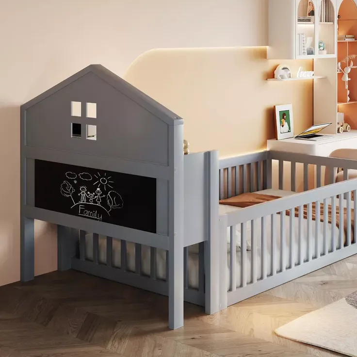 Kinderbett mit Lattenrost und Zaun, 90x200 cm, Rausfallschutz, Stauraum, Jugendbett, Holzbett, Einzelbett, Kiefer – Bild 3
