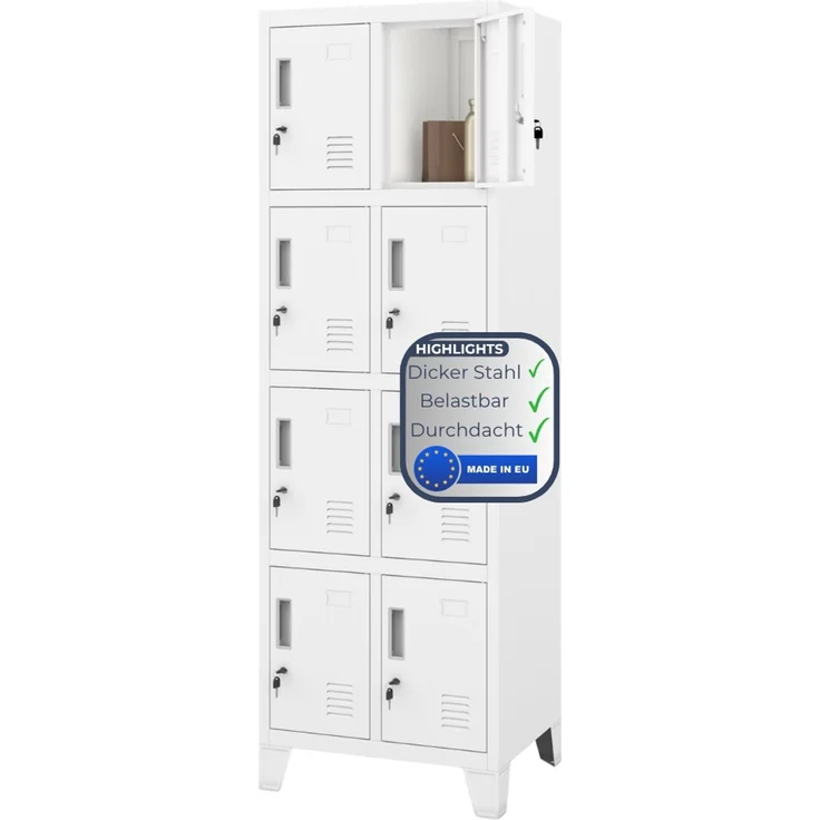 Schließfachschrank Spind TAMPA - 8 Fächer, Etikettenhalter Lüftungsschlitze | Wertfachschrank Umkleideschrank Metall Kleiderspind, 172 x 55,9 x 45 cm Weiß – Bild 1