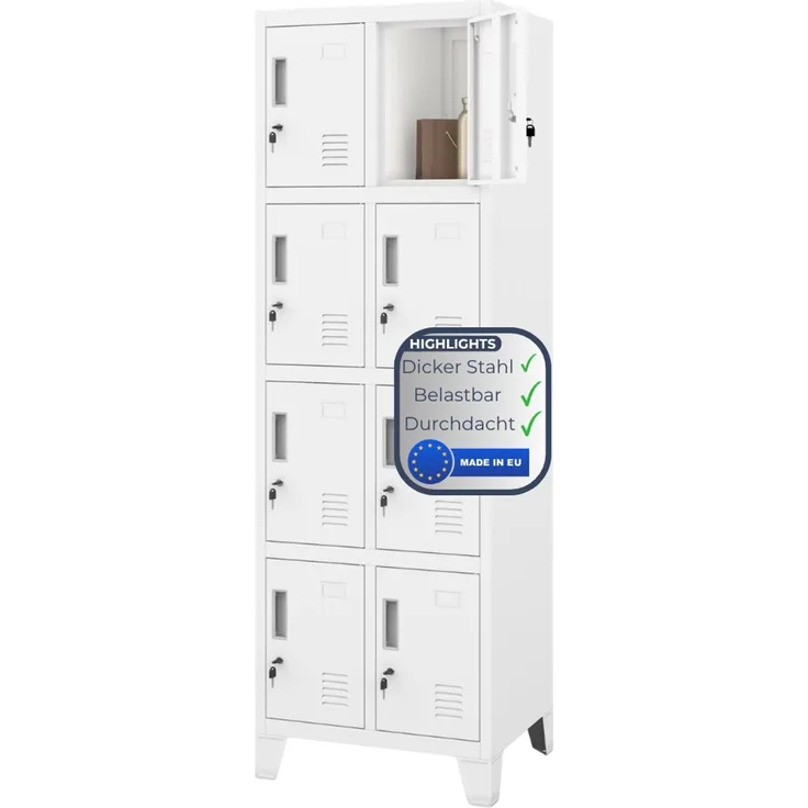 Schließfachschrank Spind TAMPA - 8 Fächer, Etikettenhalter Lüftungsschlitze | Wertfachschrank Umkleideschrank Metall Kleiderspind, 172 x 55,9 x 45 cm Weiß