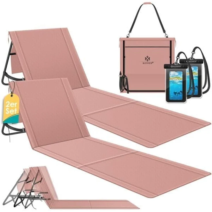 KESSER 2er Set Strandmatte mit verstellbarer Rückenlehne & Tragegurt, klappbar, max. 130 kg, wasserdichter Handyhülle & Tragetasche – Bild 1