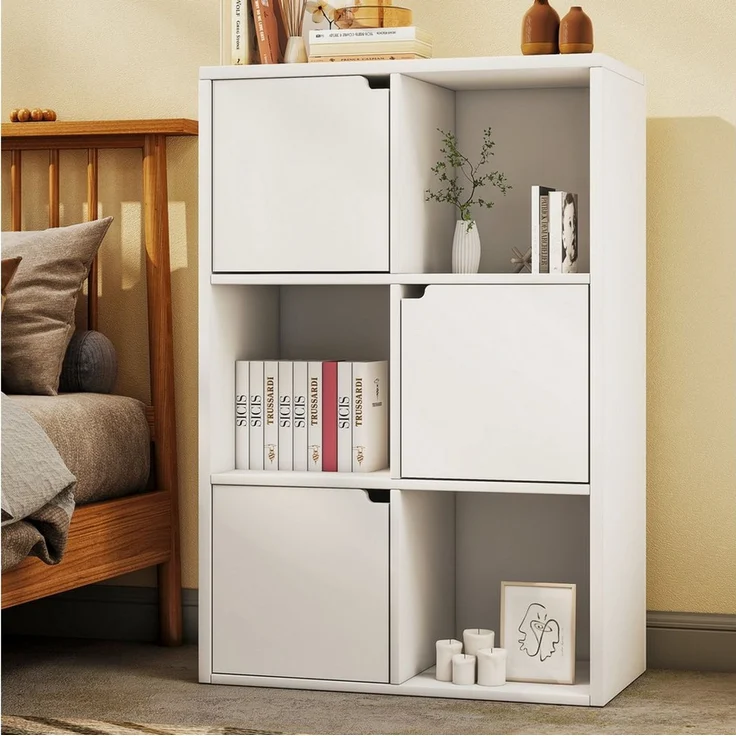 oyajia Bücherregal Bücherschrank Aufbewahrungsregal, Bücherregal, Würfelregal im modernen Design, 6 Fächer mit 3 Türen – Bild 5