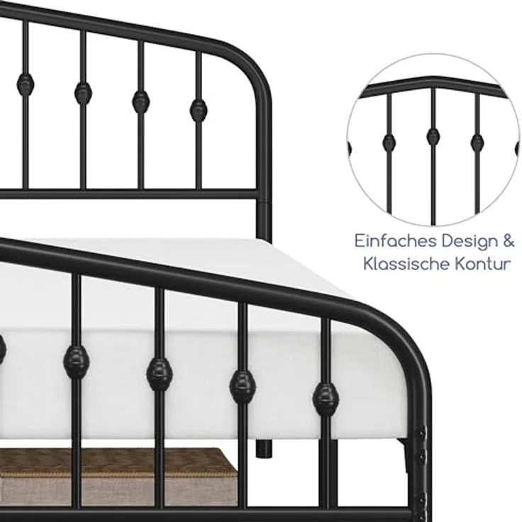 Yaheetech Bettrahmen 160x200 cm, Vintage Metallbett mit kronenförmigem Kopfteil, Stabiles Bettgestell Doppelbett aus Metall, Robust & Leichte Montage Gästebett Jugendbett Tagesbett, Schwarz – Bild 9