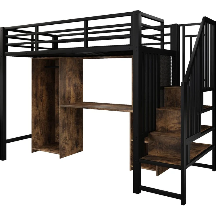 Hochbett mit Schreibtisch, Bücherregal, Kleiderschrank und Rausfallschutz, 90x200cm, Treppe mit Regal, Kinderbett, Metallbett – Bild 8