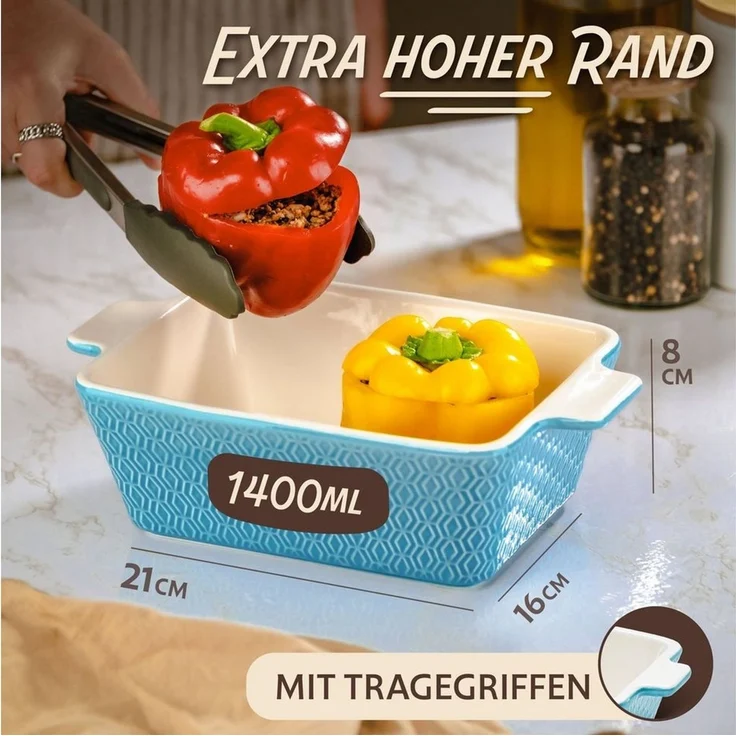 Praknu Auflaufform Auflaufform aus Keramik für 2 Personen - Für Lasagne, Tiramisu, Porzellan - Keramik, (1-St), Für 2 Personen Lasagne, Tiramisu & Auflauf - Hoher Rand - Eckig – Bild 3