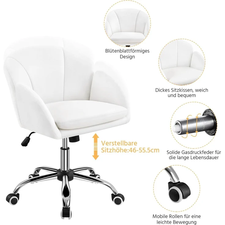Yaheetech Homeoffice Stuhl Schminkstuhl Schreibtischstuhl höhenverstellbar Drehstuhl bis 136 kg Belastbar, SamtStuhl mit Armlehnen und Rückenlehne für Schlafzimmer Büro Wohnzimmer, Weiß – Bild 5