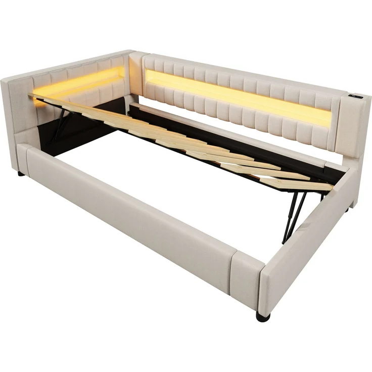 Merax Hydraulisches Polsterbett mit Ladefunktion, LED und Stauraum, Leinen Beige, 90 x 200 cm – Bild 9