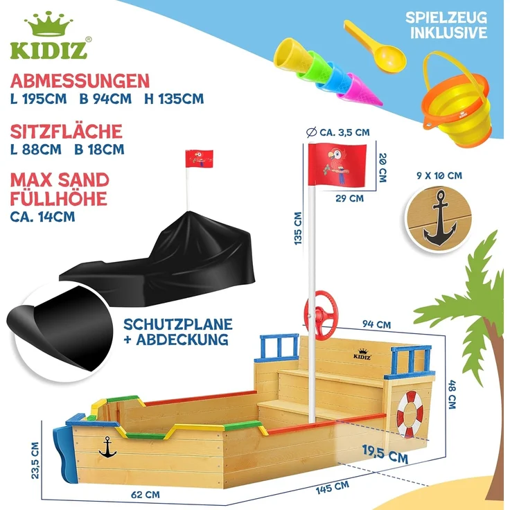 KIDIZ Sandkasten 'Ahoi - Piratenschiff', Tannenholz Natur, 195 x 94 x 136 cm – Bild 7