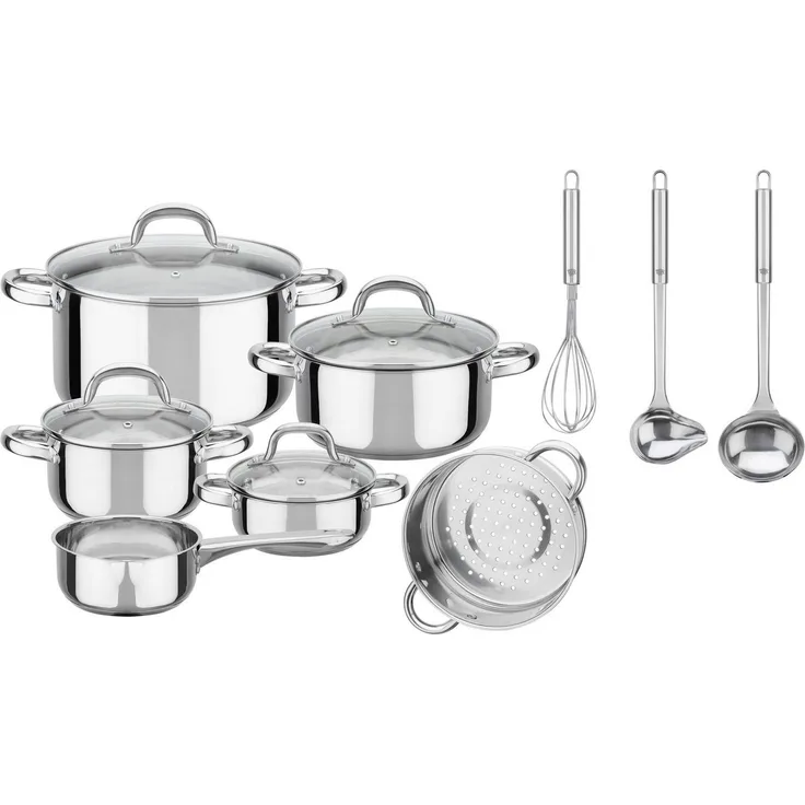 GSW Topf-Set Montreal, Edelstahl (Set, 13-tlg, je 1 Kochtopf 14/16/20/24 cm, 1 Stieltopf 14 cm), inkl. aller Kochutensilien, die eine Haushaltsküche benötigt Induktion