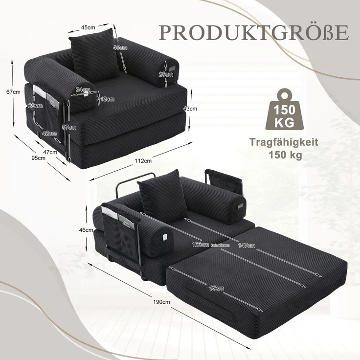 LVHOM 3-in-1 Schlafsessel, Klappsofa mit Schlaffunktion, Einzelschlafsofa mit Seitentaschen und Kissen, Polstersofa aus Cordstoff, frei Kombination, Schwarz – Bild 7