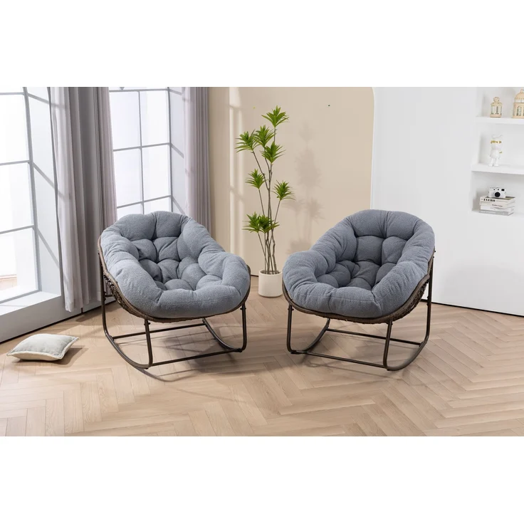 Rattan-Schaukelstuhl für den Außenbereich, gepolsterter Schaukel- und Liegesessel für Veranda, Wohnzimmer, Terrasse, Garten, Grau – 93 x 73 x 23 cm – YOUDENOVA – Bild 8