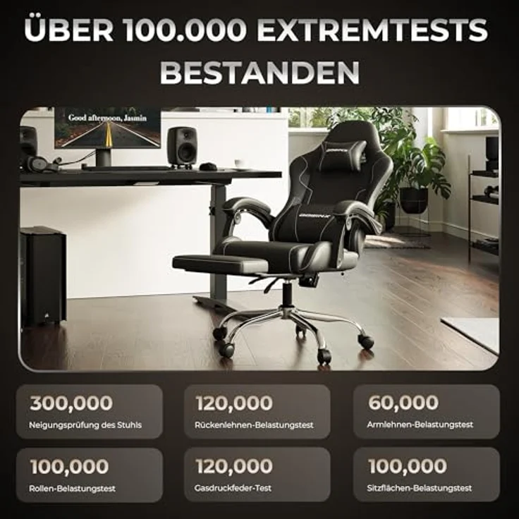 Dowinx Gaming Stuhl, Ergonomischer Gamer Stuhl für Büro und Home Office, Verstellbarer Bürostuhl mit Rückenlehne bis 150°, mit Fußstütze, Belastbar bis 180 kg, Schwarz – Bild 4