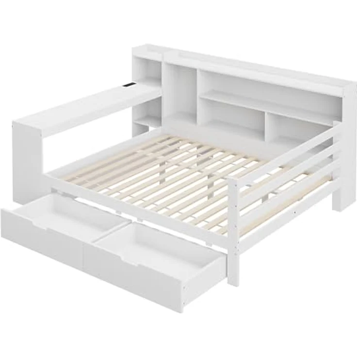 Ball & Cast Stauraumbett (140 * 200cm) mit Schublade, Schlafsofa mit Vielen Ablagefächern + Schreibtisch und USB-Anschlüssen, Einfach & Zeitsparend Montierbar, Weiß – Bild 8