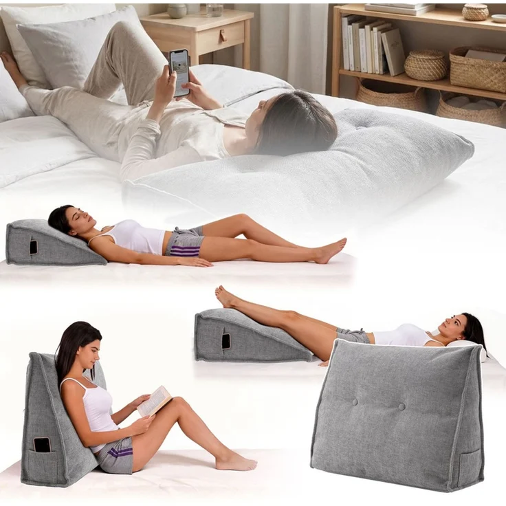 Home Nature Wohnkonzept Rückenstützkissen, Ergonomische Rückenstütze für Bett und Sofa mit Taschen, Grau, 70 x 19 x 52 cm – Bild 3