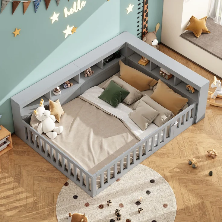 Bett mit Liegefläche 140x190 cm, integrierten Steckdosen und USB-Anschlüssen, Staufach und Geländer, Grau, ohne Matratze – Bild 3