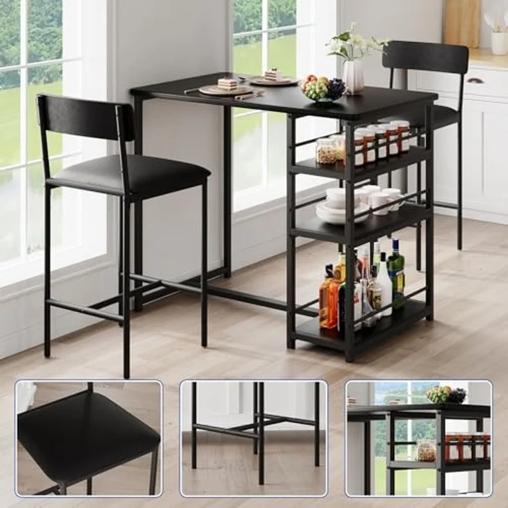 Bartisch mit Barhocker Set, Barhocker 3er Set für 2 Personen mit 1 Tisch + 2 Gepolsterte Stühle, Rückenlehne - Küchentisch mit 3 Ablagen, Esstisch für Wohnzimmer, Esszimmer und Küche, Schwarz – Bild 7