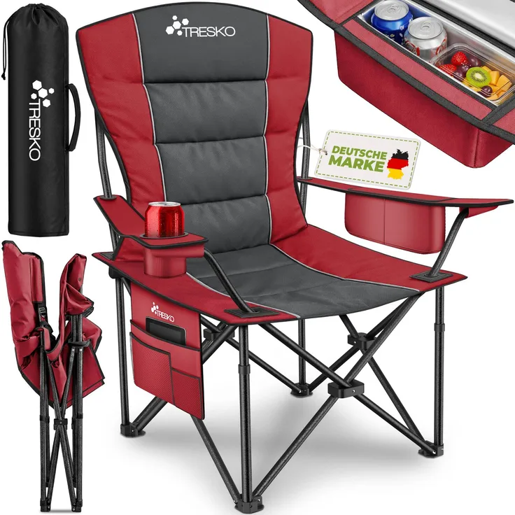 TRESKO Campingstuhl Faltbar bis 200kg | Faltstuhl mit Khltasche,  Getrnkehalter & Seitentasche | Klappstuhl XXL inkl. Tragetasche |  Angelstuhl gepolstert fr Outdoor, Angeln, Festival & Garten: Tests, Infos  & Preisvergleich