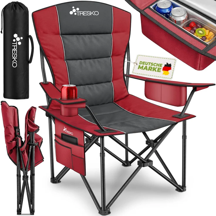 TRESKO® Campingstuhl Faltbar bis 200kg | Faltstuhl mit Kühltasche, Getränkehalter & Seitentasche | Klappstuhl XXL inkl. Tragetasche | Angelstuhl gepolstert für Outdoor, Angeln, Festival & Garten – Bild 1