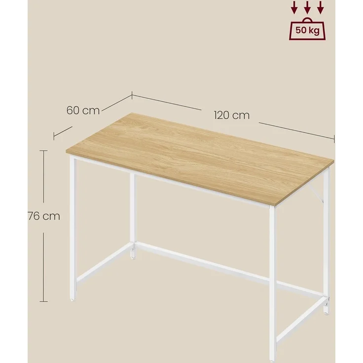 Vasagle Schreibtisch, Computertisch, Bürotisch, für Arbeitszimmer, Schlafzimmer, 60 x 120 x 76 cm, moderner Stil, Metallgestell, natureichenfarben-perlweiß LWDDE039W70 – Bild 3