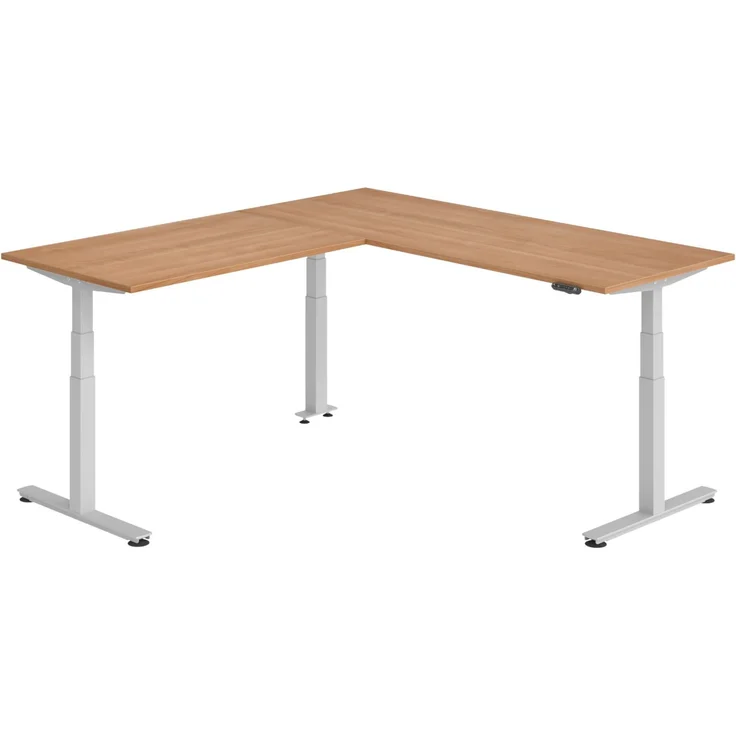 bümö Eckschreibtisch elektrisch höhenverstellbar L-Form: 200 x 220 cm in Nussbaum, Gestell silber - Stehschreibtisch mit Memory-Steuerung, elektrischer XXL Schreibtisch für die Ecke, XDSMW-2014-N-S – Bild 1