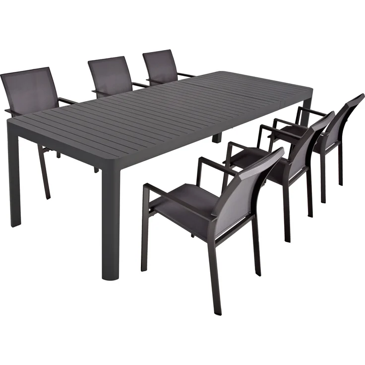 Garten-Sitzgruppe ERWIN 7-tlg. - Kunststoff, Dunkelgrau | Gartenmöbel-Set Gartengarnitur Garten-Essgruppe mit Stapelstühlen und Esstisch – Bild 1