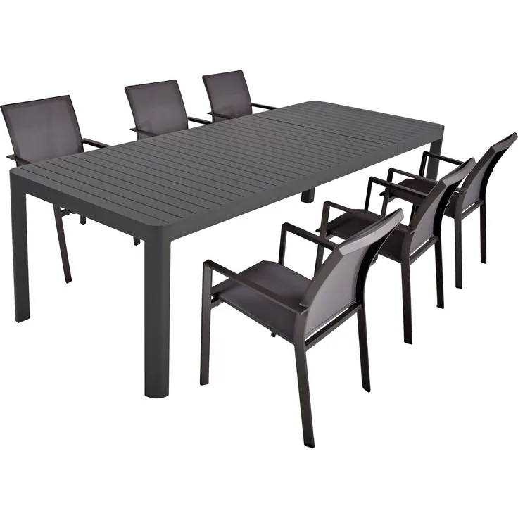 Garten-Sitzgruppe ERWIN 7-tlg. - Kunststoff, Dunkelgrau | Gartenmöbel-Set Gartengarnitur Garten-Essgruppe mit Stapelstühlen und Esstisch