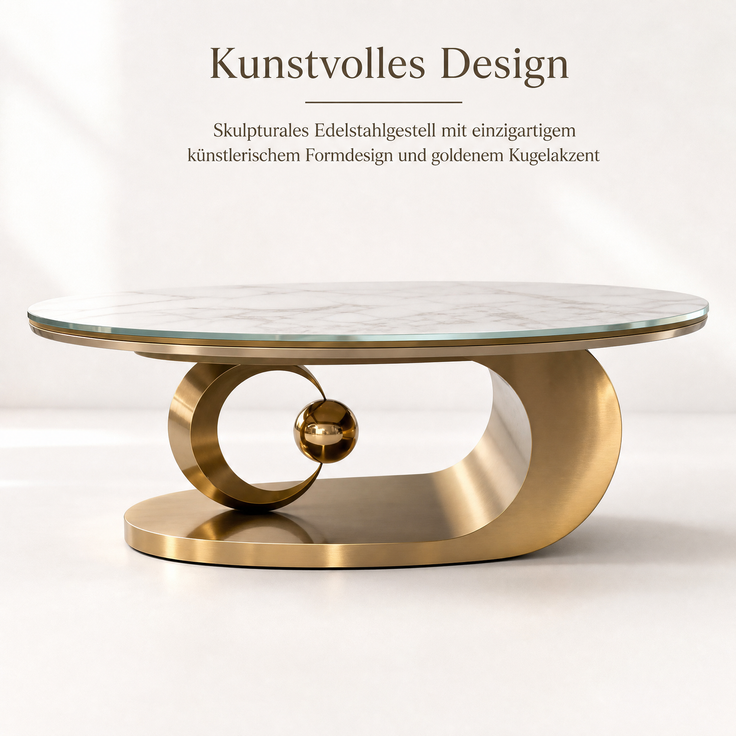 EINHOM Luxuriöser Ovaler Couchtisch mit Weißer Marmoroptik-Tischplatte, Moderner Sofatisch für Wohnzimmer mit Goldenem Edelstahlgestell und Eleganter Glasoberfläche, Stilvoller Kaffeetisch für Wohnräume – Bild 5