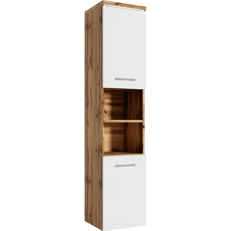 Badplaats Badezimmerschrank Paso 35 x 35 x 160 cm Eiche mit Weiß Hochglanz - Hoch Badschrank Mit 2 Türen – Bild 1