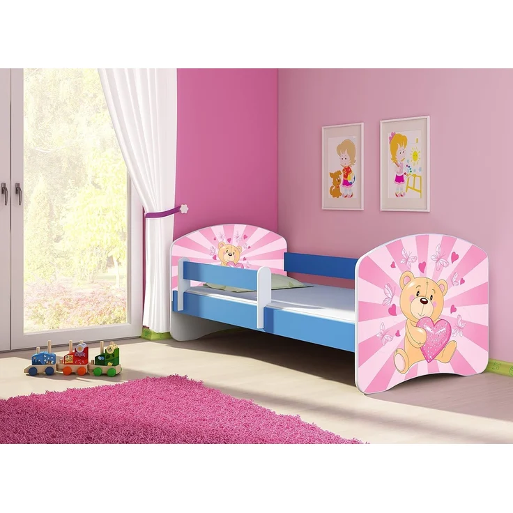 ACMA Kinderbett Jugendbett mit Einer Schublade und Matratze Blau mit Rausfallschutz Lattenrost II 140x70 160x80 180x80 (10 Teddybär, 140x70) – Bild 2
