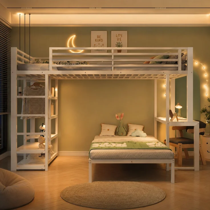Hochbett 90×200 cm mit EN747-Schutz, Schreibtisch, Weiß, ohne Matratze – Bild 4