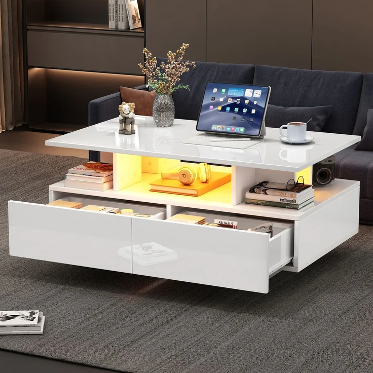 Couchtisch 90×55×41 cm Hochglanz Weiß mit LED-Beleuchtung, moderner Wohnzimmertisch mit 2 Schubladen, offenem Fach – Bild 4
