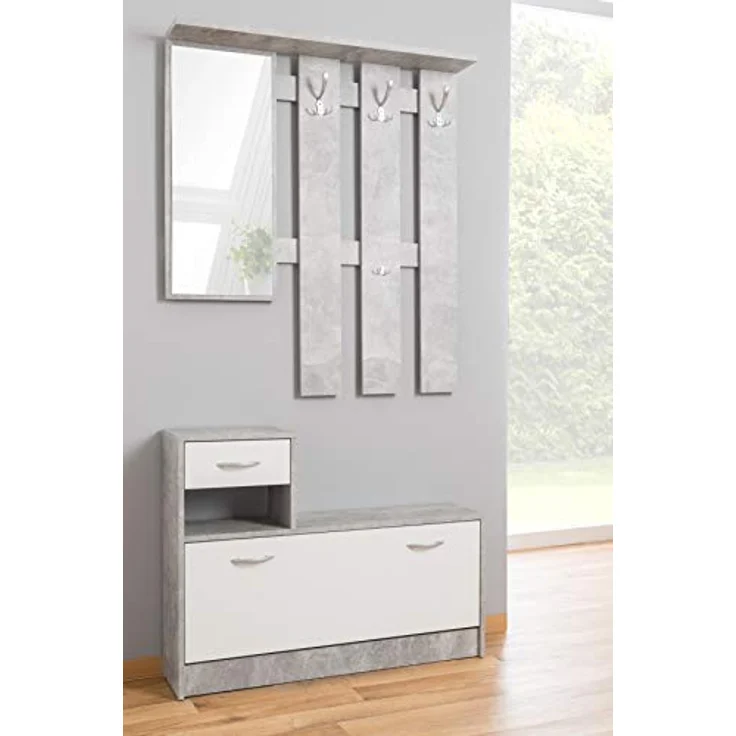 Dmora - Eingangsmöbel Sargassi, Moderner Eingang, Wandgarderobe, Multifunktions-Aufbewahrungskonsole, 100x26h190 cm, Weiß und Zement – Bild 2