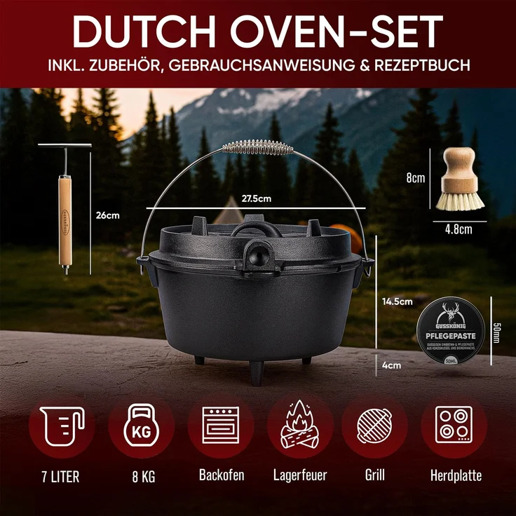 GUSSKÖNIG Dutch Oven Klassisch Topf mit Füßen 7Liter Set – Bild 2