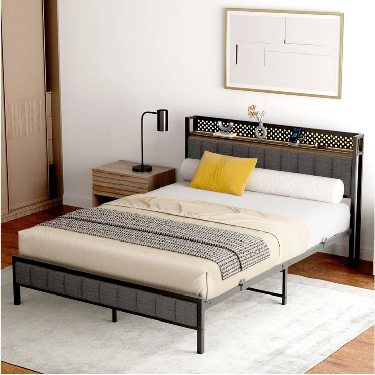 STILVORA Jugendbett Metallbett 140x200 Bettgestell bett mit Steckdose,led Beleuchtung (Eisenbett, Funktionsbett mit Lattenrost, 1-tlg, 27 cm Bodenfreiheit für extra Aufbewahrung, 140*200cm, ohne Matratze), mit schwarzem Metallrahmen, integrierten USB-A... – Bild 2