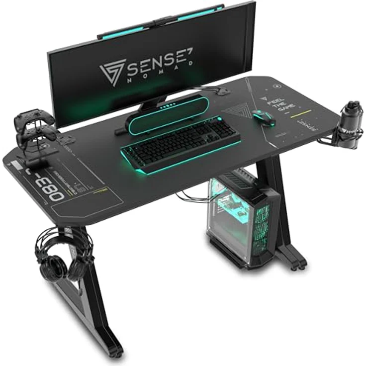 SENSE7 Schreibtisch Nomad Cybernetic, Gaming Tisch 100x50, PC Tisch mit Kopfhörerhaken, Getränkehalter, Controller Halter, Gaming Computertisch mit Kohlefaseroberfläche, Ergonomischer Gaming Desk – Bild 2