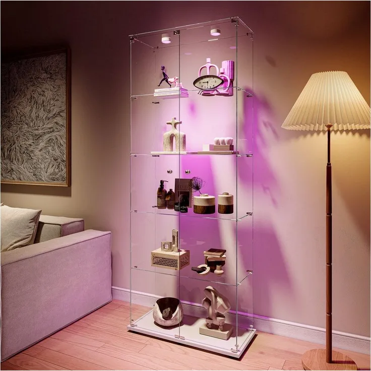 FUROKOY Glasvitrine Standvitrinen, Vitrine aus gehärtetem Glas (Set, 1-St, Vitrinenschrank mit 2 Glastür für Sammler, Bücher, 186.5x78.5x34.5cm) Weiß 5 Lagen Sammlervitrine