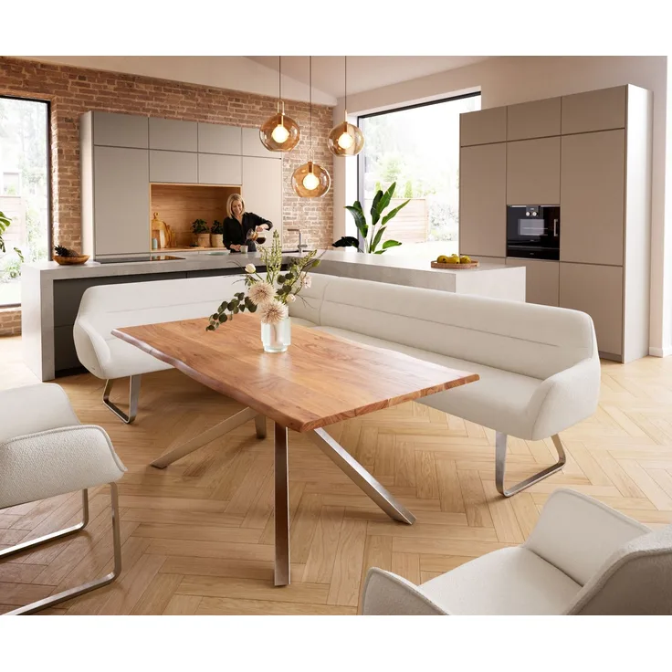 Esszimmerbank Taya-Flex 285x190 cm Bouclé Creme-Weiß Kufengestell flach Edelstahl Taschenfederkern Rechts